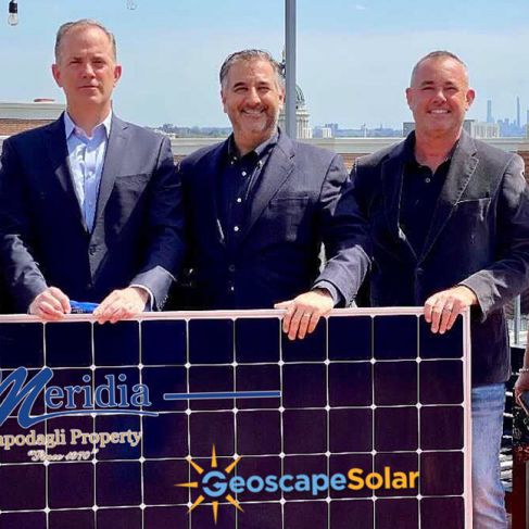 From the left: Neal Erman, Director of Commercial Sales at GeoscapeSolar, Florencia Mansilla, Marketing Coordinator for Meridia, Evan Swalling, Director of Asset Management at Meridia, Michael Boches, Chief Executive Officer for Solarscape, Lee Watson, Chief Operating Officer for Solarscape and Jennifer Salva Property Manager for Meridia